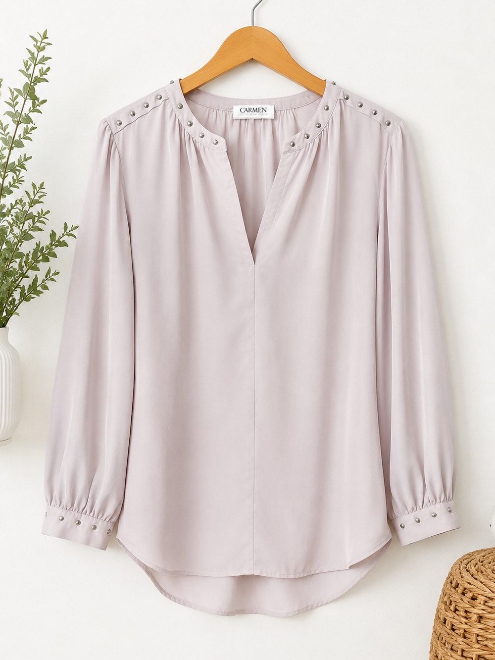 Carmen by Carmen Marc Valvo Blush Pink Studded High Low Blouse - Picture 4 of 6